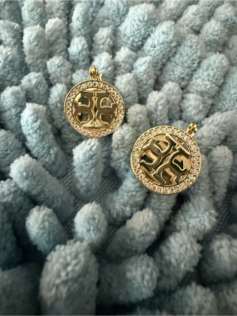 Gold-Tone Circular Logo Pendant Earrings with Crystal Halo - Women Jewelry
